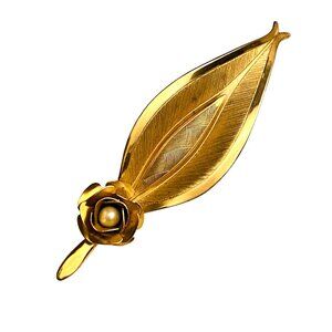 Vintage Leaf Brooch Gold Tone With Faux Pearl in a Rose Accent 3.5in Long